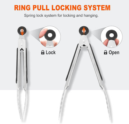 Anaeat Premium Kitchen Locking Tong Set of 3 - Heavy Duty Stainless Steel Food Tongs with Long Handle & Non-Slip Silicone Grip for Cooking, Baking, Grilling - Heat Resistant up to 480°F