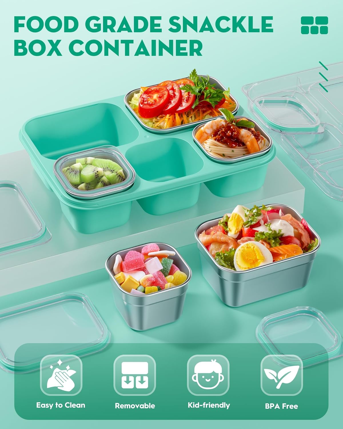 BiuLeon Snackle Box Containers, Stainless Steel 5 Compartments Divided Serving Tray with Lid, Removable LeakProof Portable Bento Box for Fruit Candy Nuts Food - School, Picnic and Travel（Blue）