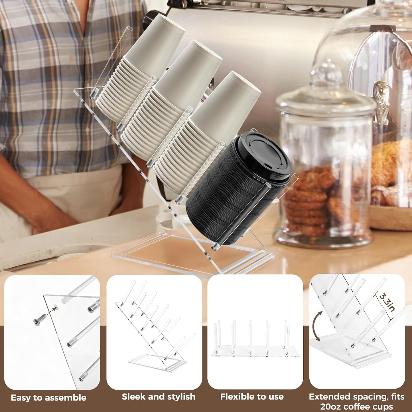 Acrylic Cup and Lid Holder, Adjustable Holder Organizer Disposable Cup Dispenser Stand with Coffee Pod, Creamer Straw Organizer Countertop for Coffee Bar Station Bakery Breakroom