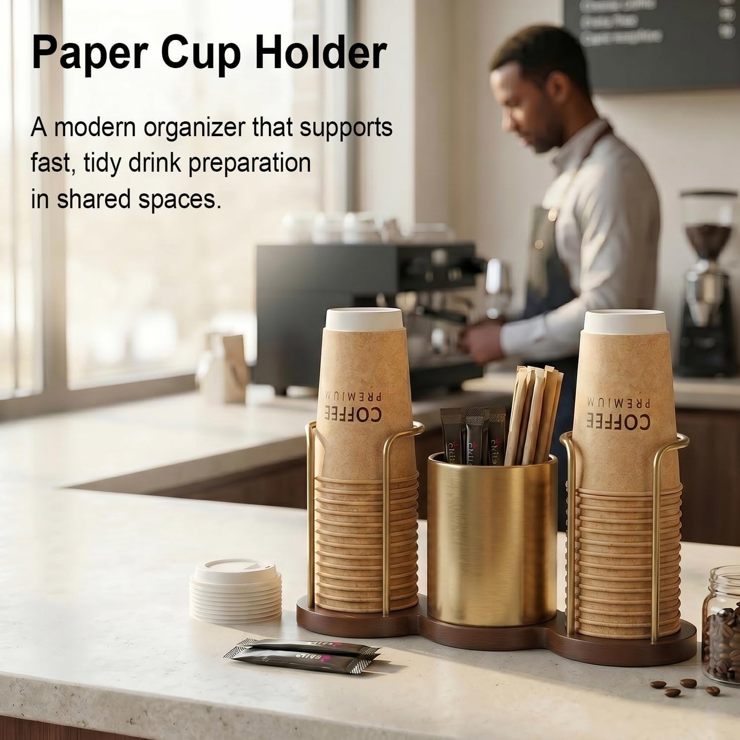 GOYLSER Coffee Station Organizer with Straw & Stirrer Storage Caddy for Cups Lids, Disposable Paper Cup Holder Cup Organizer for Coffee Bar, Office, Home Kitchen, Gold
