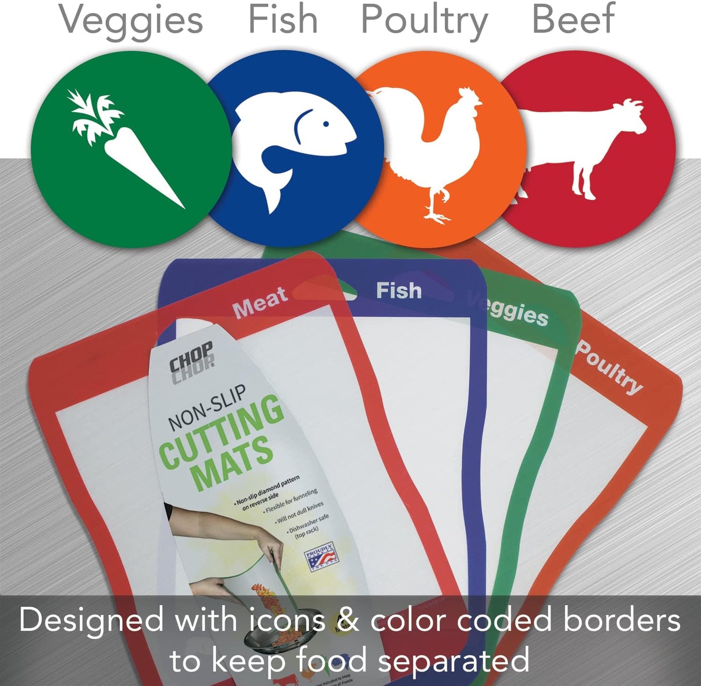 Cut N' Funnel Multi-Color Flexible Plastic Cutting Board Mats 4 Pack Made in the USA Colored Coded, BPA Free, 16” x 12”