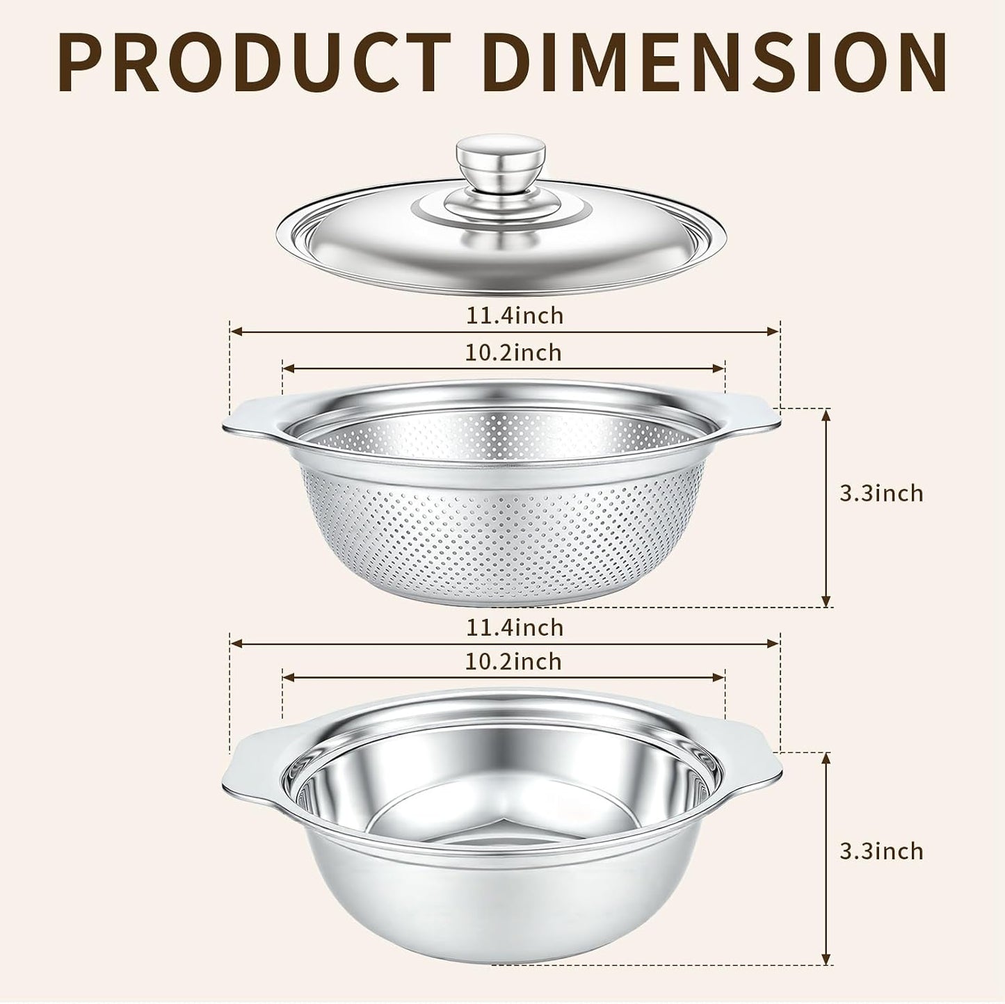 3-in-1 Stainless Steel Colander with Bowl Set – 11.4 Inch Large Fruit Washing Basket & Food Strainer, Multifunctional Drain Basket for Kitchen, Pasta, Vegetable, Rice