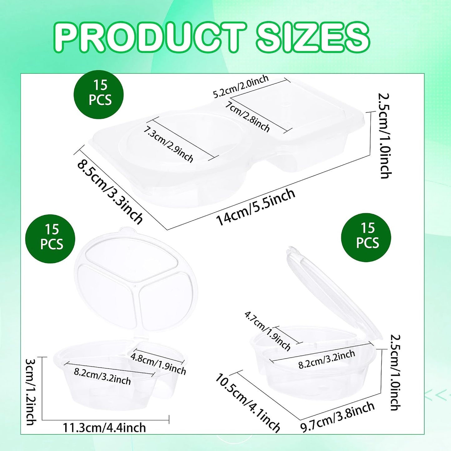 45 Pcs 2 Compartment Snack Containers 3 Compartment Condiment Containers with Lids Plastic Box for Sauce Meal Prep Portion Control, 3 Shapes