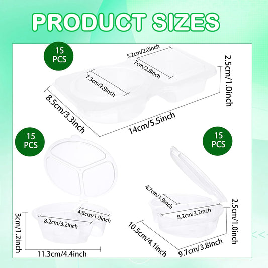 45 Pcs 2 Compartment Snack Containers 3 Compartment Condiment Containers with Lids Plastic Box for Sauce Meal Prep Portion Control, 3 Shapes