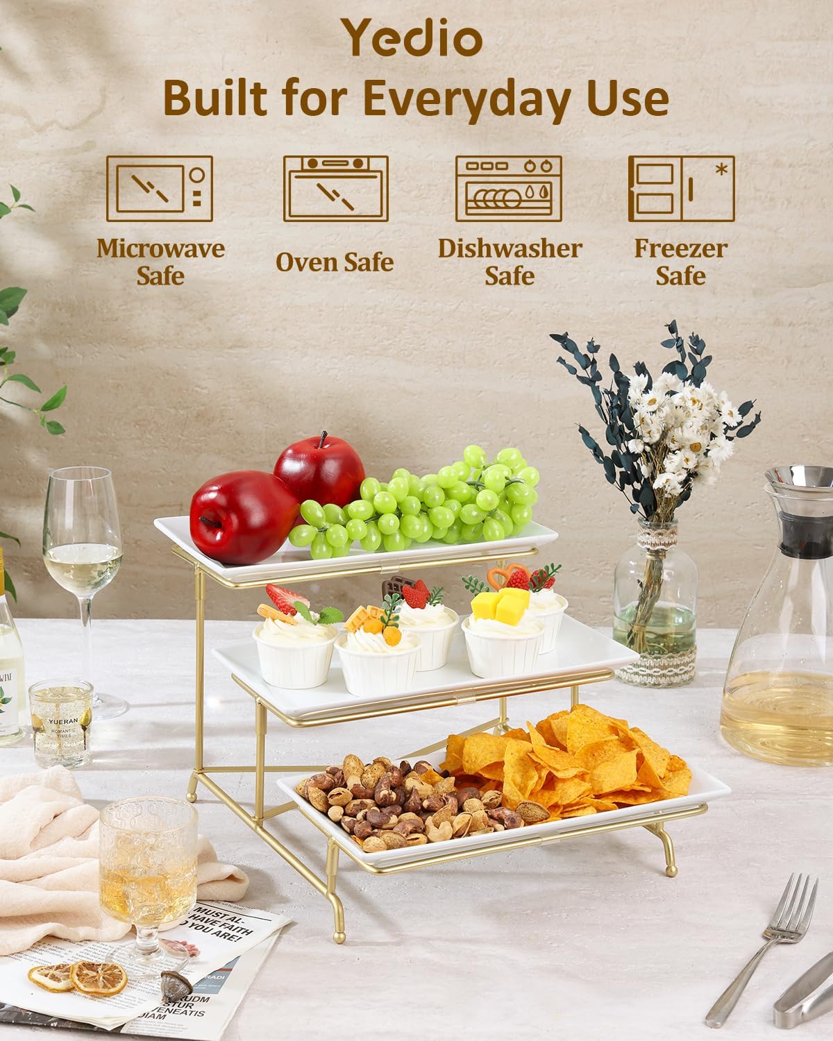 Yedio 3 Tier Serving Trays for Party, Porcelain Serving Platters and Trays, 12 Inch Tiered Tray Stand, Fruit Tray, Trays for Serving Food, White Dessert Stand with Collapsible Sturdier Metal Rack