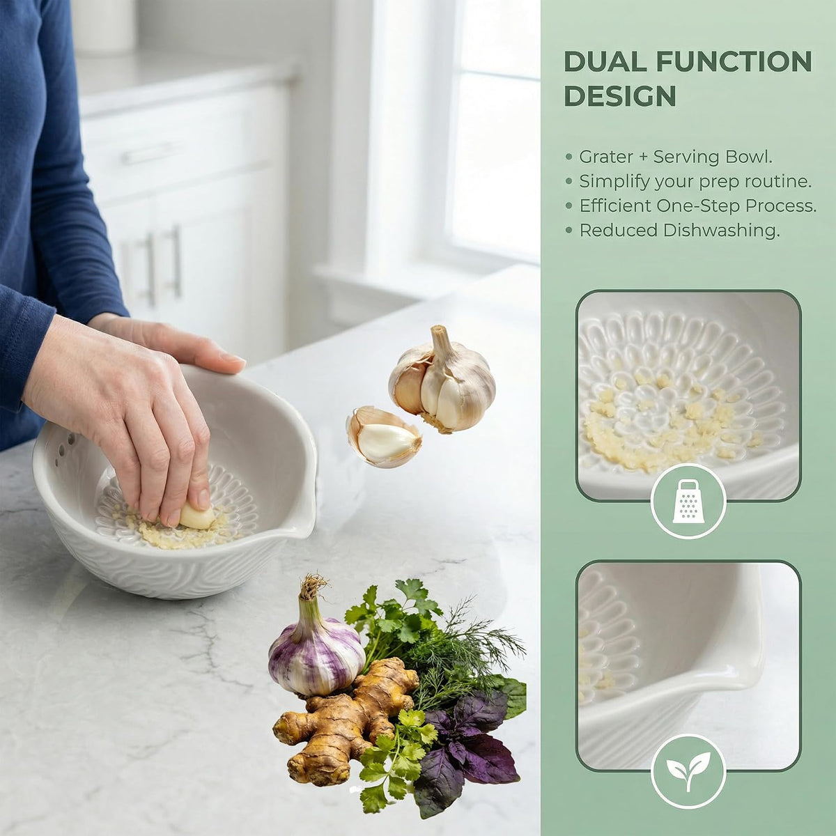 Ceramic Herb Stripper and Garlic Ginger Grater Bowl, 3-in-1 Kitchen Tool