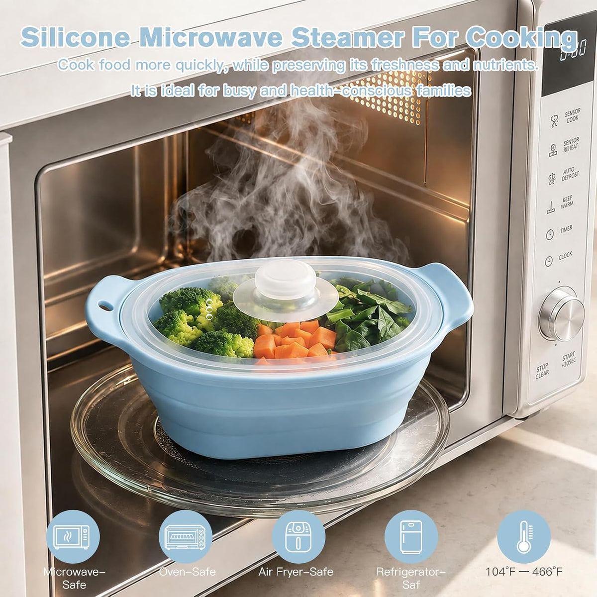40oz Silicone Microwave Steamer For Cooking Food, Vegetable Steamer, Grey