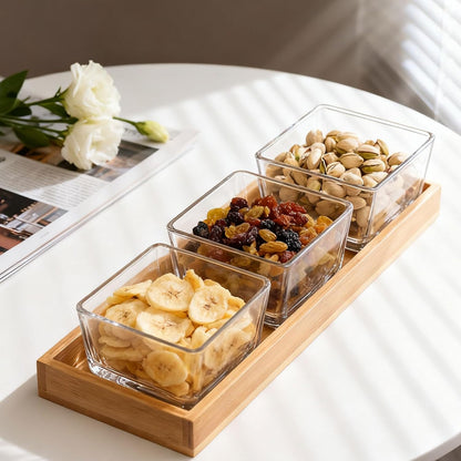 Snackle Box Container Chip and Dip Bowls With Serving Tray, 3 Glass Square Sauce Cups Dip Bowls, Small Fruit Platter Side Dishes for Party Entertaining Appetizer Dessert Salsa Side Dishes(THREE)