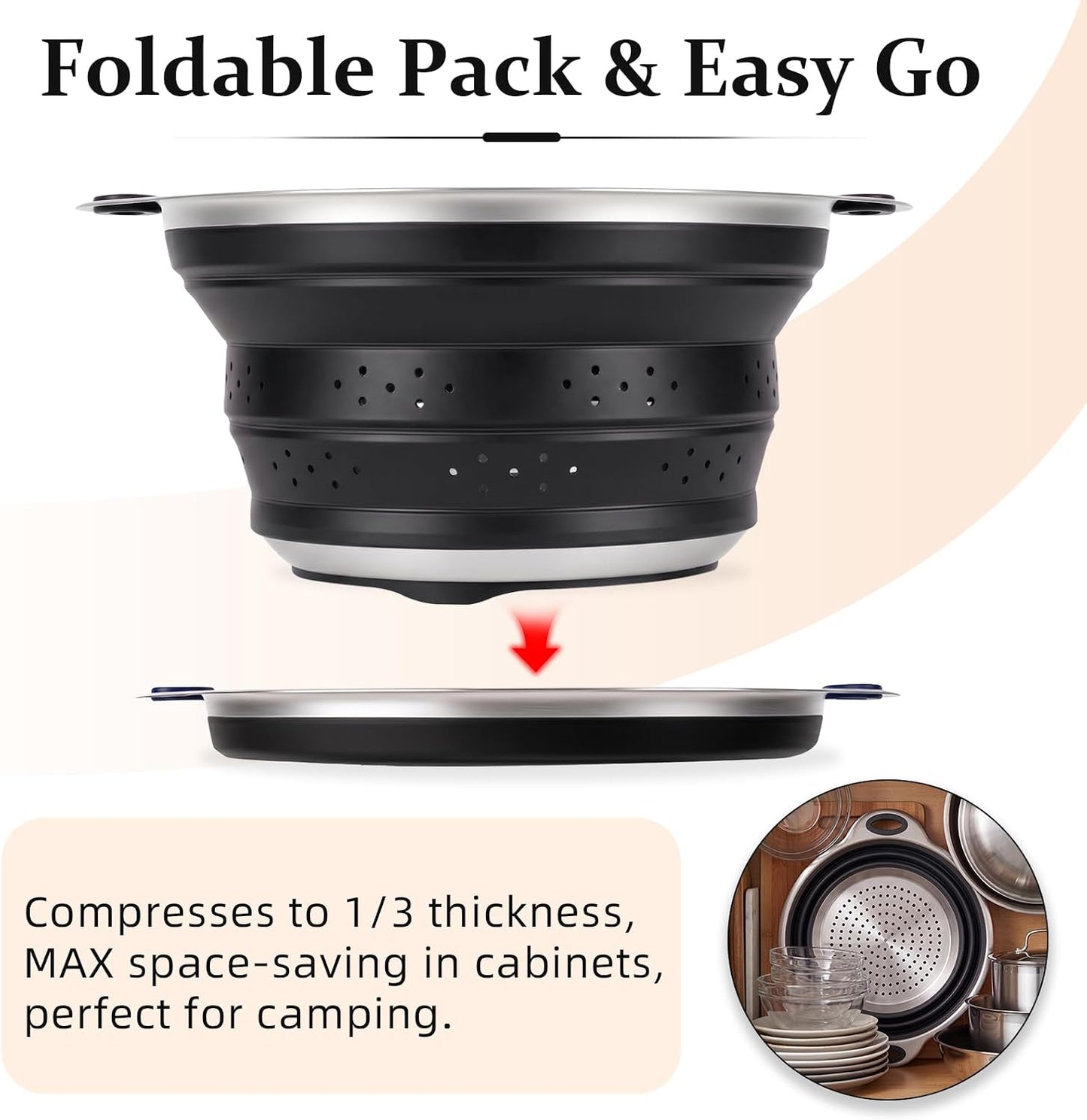 Collapsible Colander Set with Silicone Mat,2-in-1 Stainless Steel Colander for Kitchen, Foldable Metal Colander, Space-Saving for Pasta Veggies Fruit(NAVY BLUE)