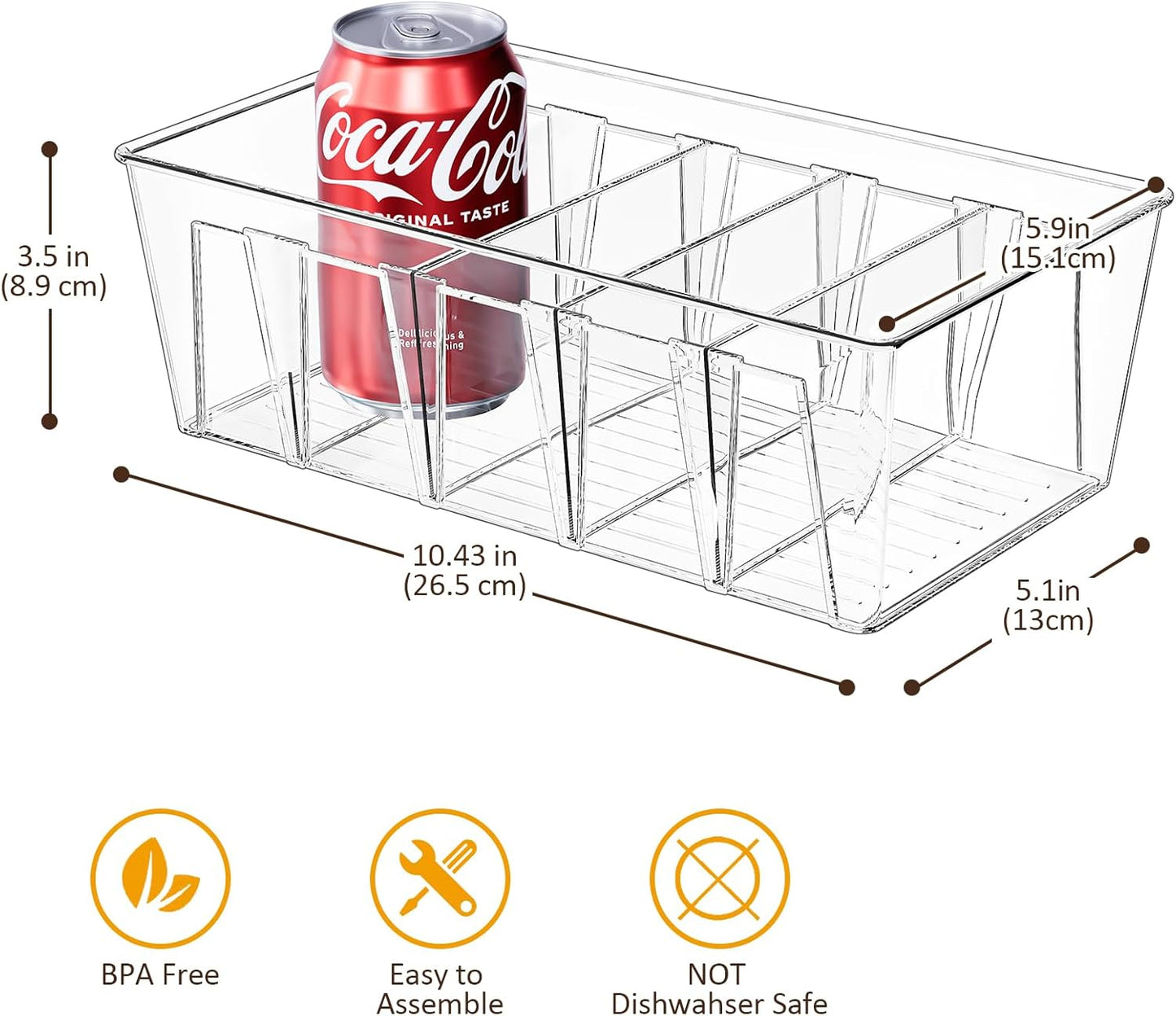 Puricon 4 Pack Pantry Organization and Storage Bins for Kitchen Fridge Countertop Cabinet, Stackable Clear Plastic Storage Racks with Removable Dividers, 5 Compartments for Snacks Packets Spices