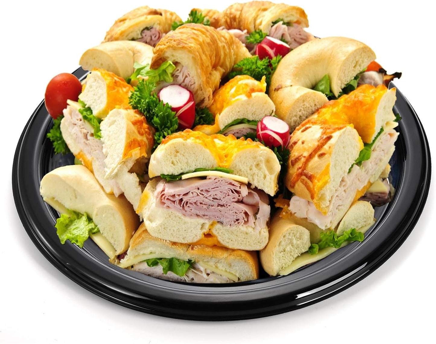 Frcctre 12 Pack 12 Inch Plastic Serving Tray with Lid, Disposable Plastic Food Serving Platters with Clear Dome Lids, Stackable Round Trays for Party, Takeout Food, Catering, Picnic