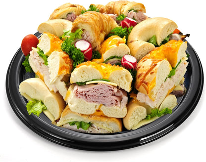 Frcctre 12 Pack 12 Inch Plastic Serving Tray with Lid, Disposable Plastic Food Serving Platters with Clear Dome Lids, Stackable Round Trays for Party, Takeout Food, Catering, Picnic