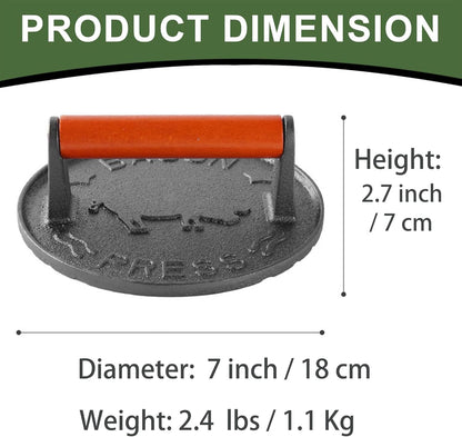 Cast Iron Burger Press, 7.2 inch Round, Wood Handle