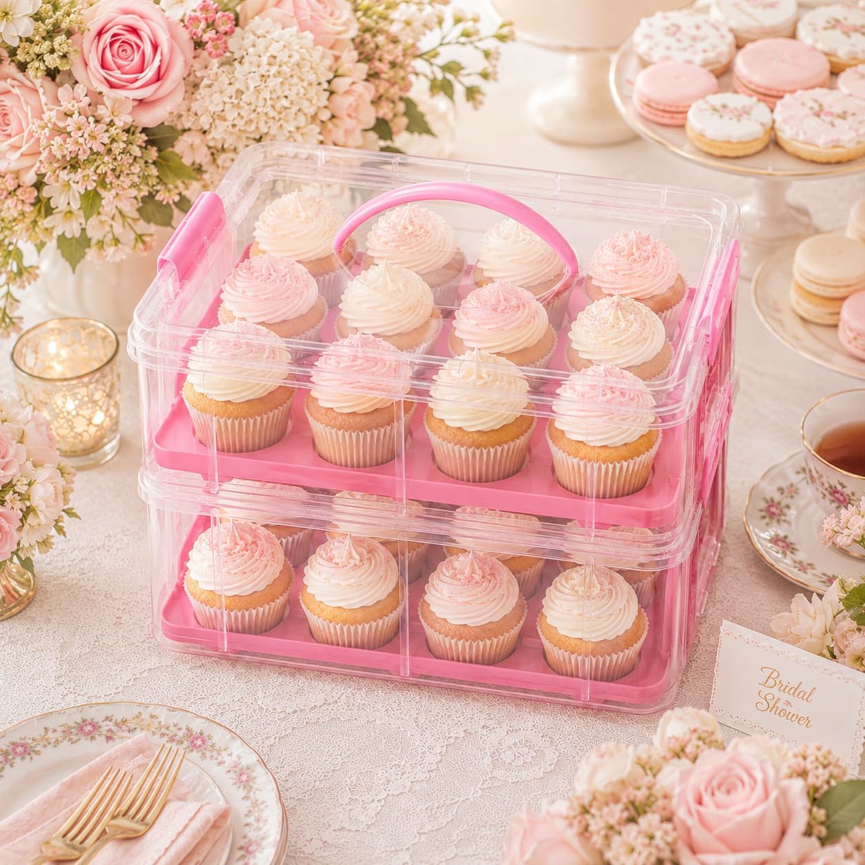 Cupcake Carrier Stackable Storage Container Collapsible Cake Carrier with Lid and Handle, with 50 PCS Cupcake liners,Reusable Plastic Dessert Travel Container,Transport Box (24 Cupcakes White)