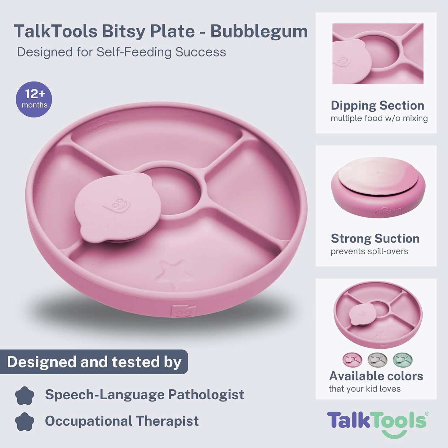 TalkTools Bitsy Silicone Baby Suction Plate with Locking Lid – Divided Plate for Toddlers Learning to Self-Feed – Non-Slip, BPA-Free, Microwave + Dishwasher Safe Baby Mealtime Plate(Pink).
