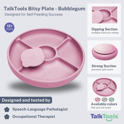 TalkTools Bitsy Silicone Baby Suction Plate with Locking Lid – Divided Plate for Toddlers Learning to Self-Feed – Non-Slip, BPA-Free, Microwave + Dishwasher Safe Baby Mealtime Plate(Pink).