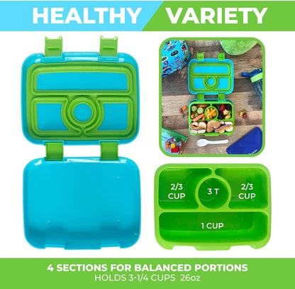 Kids Lunch Box - Bento Box for Boys Toddler Daycare, 4 Portion Sections with Lid, Snack Container Pre-School Kid Lunches Toddlers Removable Tray BPA Free, 3+ Years Old, Blue Rocket Dinosaur