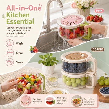 Fruit Vegetable Washing Bowl with Strainer and Lid, Multifunctional Portable Colander, Berry Lettuce Storage Container for Fridge Refrigerator Kitchen Organization, BPA‑Free Food‑Safe Drain Container