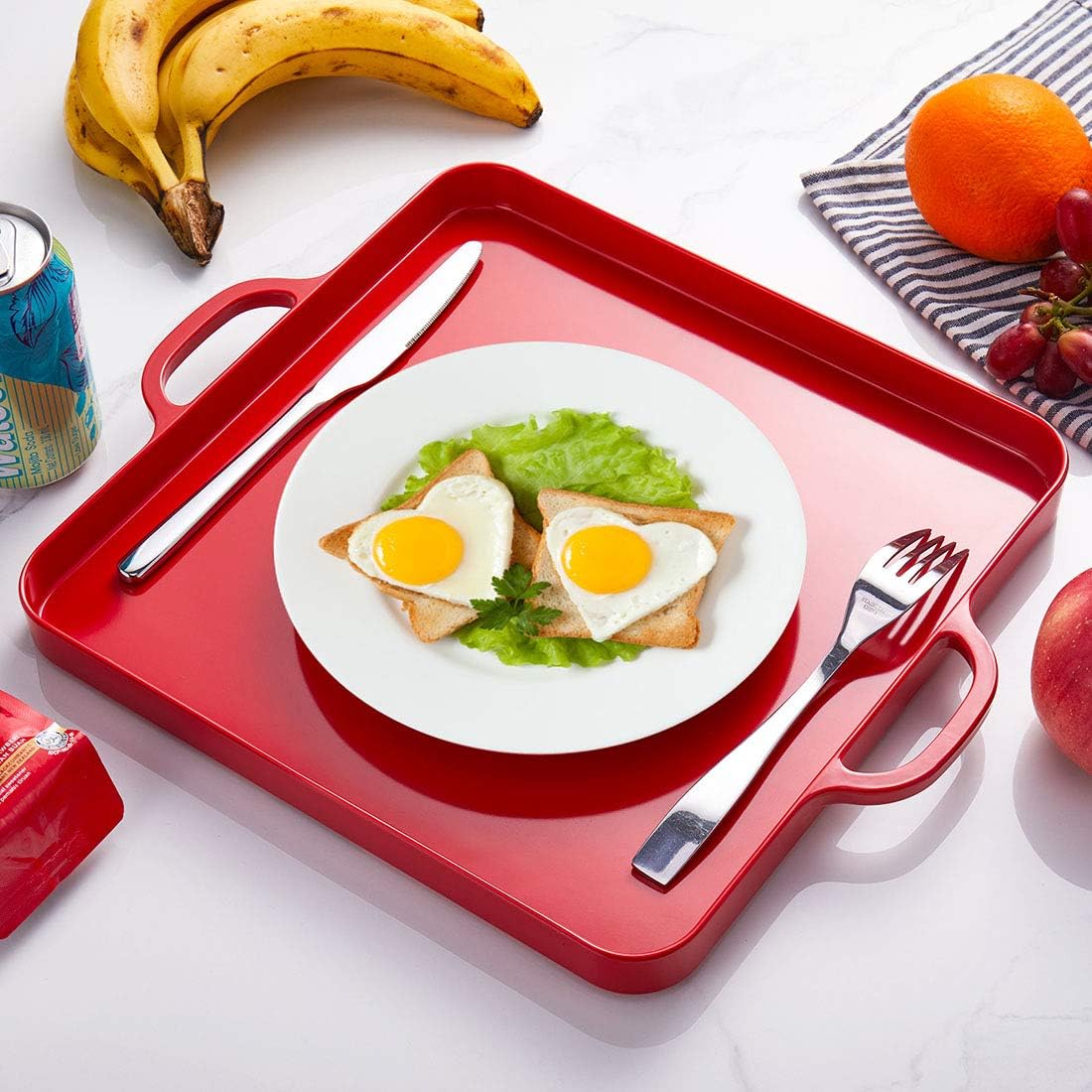 i BKGOO Foodservice Red Plastic Tray with Handle Set of 2 Large Melamine Cube Serving Platters for Parties, Table, Kitchen Size(12.5"x12.5"x1")