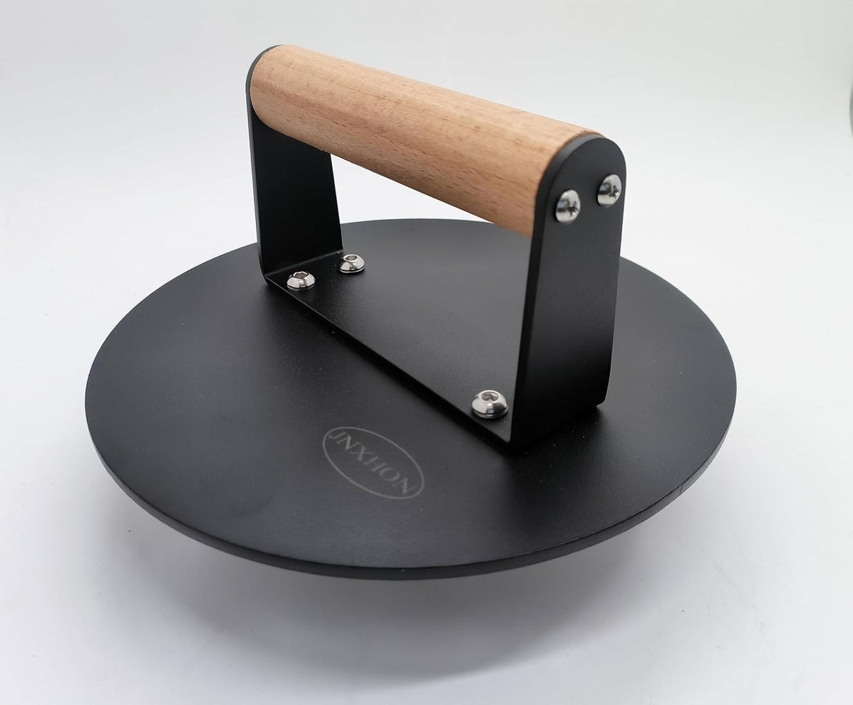 Kitchen Tools Heavy Duty Cast Iron Grill Press Burger Press Bacon Press Barbecue Press Meat Press Burger Smasher Griddle Press Round Flat Press with Anti Scalding Wooden Handle (6INCH)