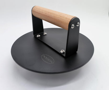 Kitchen Tools Heavy Duty Cast Iron Grill Press Burger Press Bacon Press Barbecue Press Meat Press Burger Smasher Griddle Press Round Flat Press with Anti Scalding Wooden Handle (6INCH)