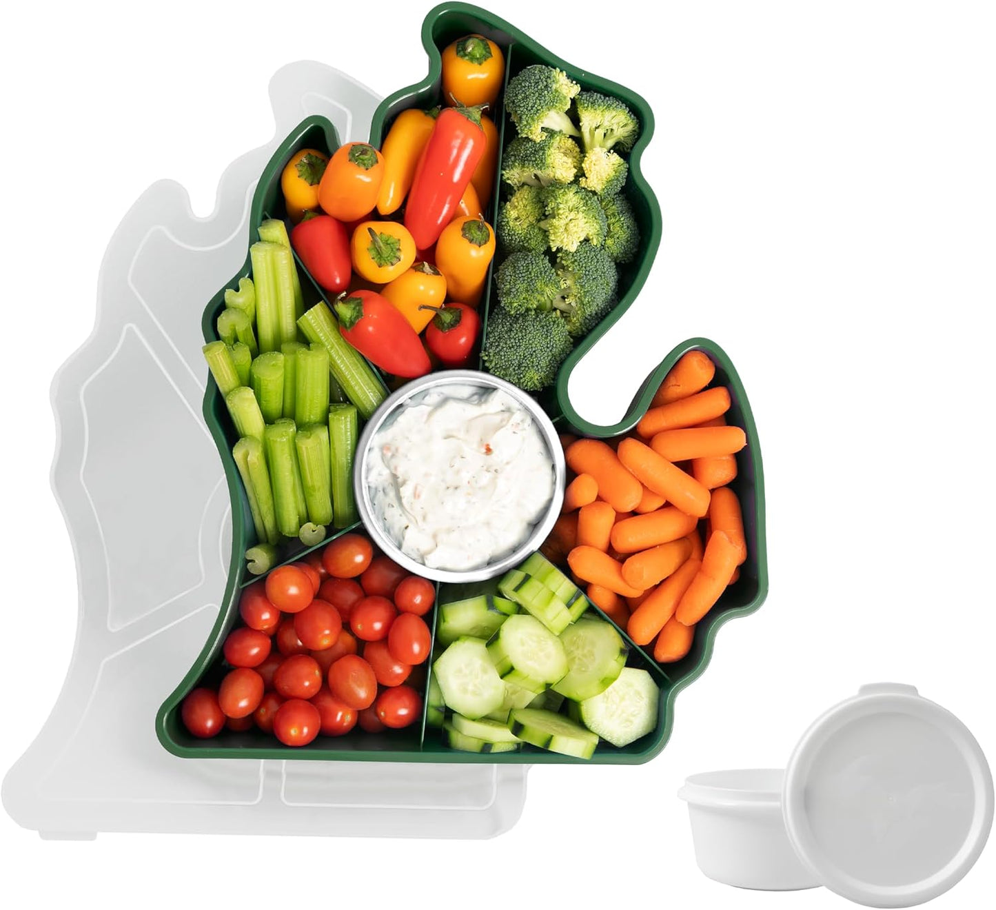 KOLORAE Michigan Serving Tray - Unique 7 Compartment Mitten State Reusable Snack Tray w/Dressing Cup. Great for Entertaining and Storage for Appetizers, Snacks, Chips & Dip