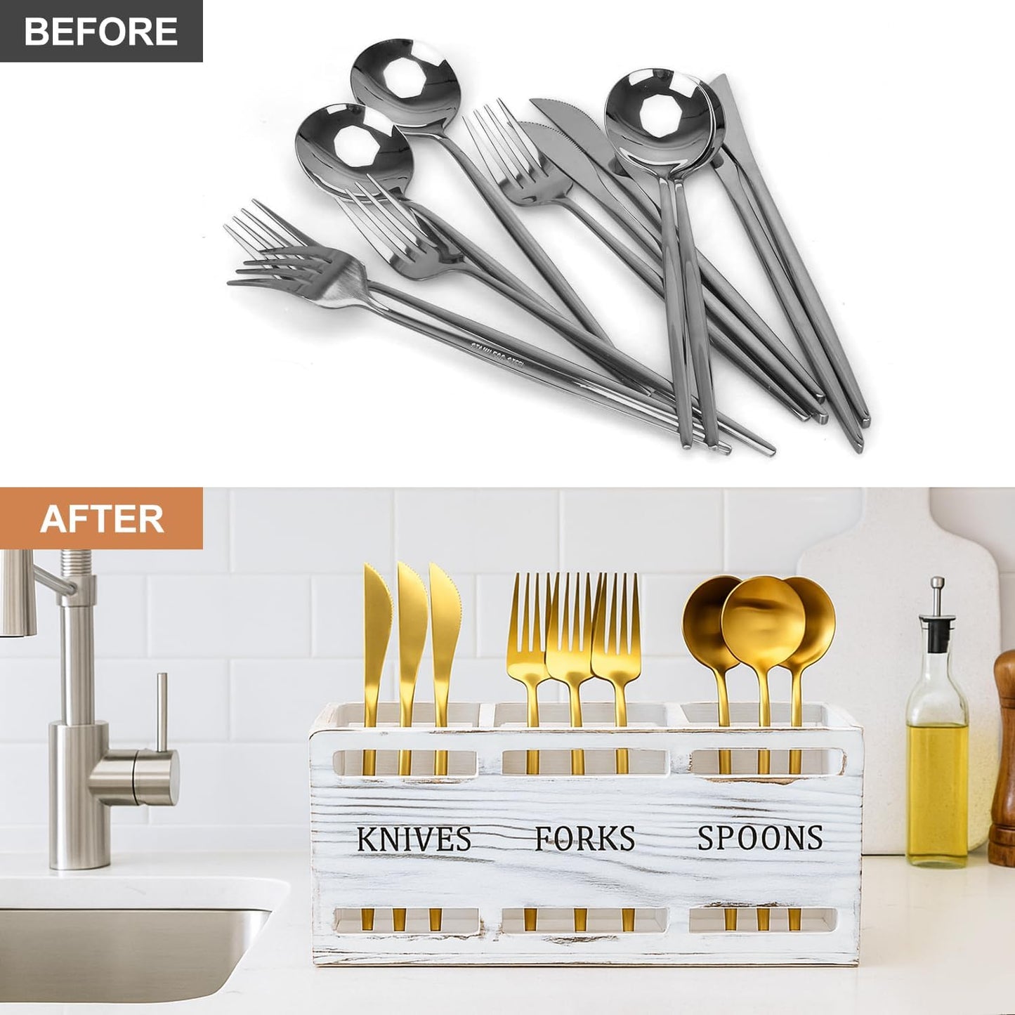 Wooden Silverware Cutlery Holder White Flatware Caddy Small Kitchen Utensil Holders for Party Wood Silverware Organizer Storage for Table Countertop Spoon and Fork Holder Utensils Caddy Basket