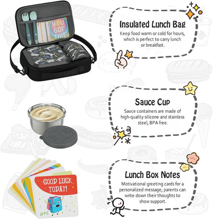 Itslife Bento Lunch Box Set for Kids with 12oz Soup Thermo&Lunch Bag, Leak-Proof Lunch Food Containers for Kids School, 5 Compartment, Sauce Cup, 10 Notes (Dinosaurs Black)