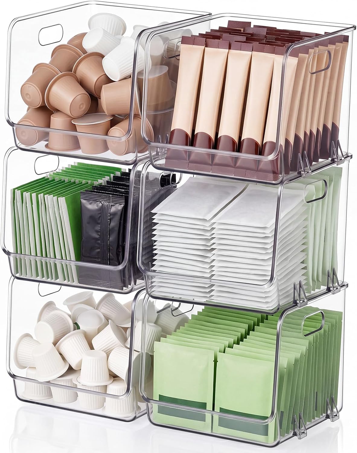 4 Pcs Clear Plastic Storage Bins Stackable Pantry Storage Organizer Kitchen Cabinet Organizers Ideal Containers for Coffee Pod Tea Sugar Bag Fridge Caddy Office