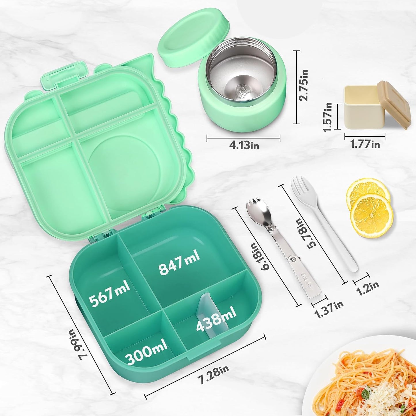 Lunch Box Kids with 5 Compartments, Insulated Food Jar & Utensils, Leak Proof Bento Box with Sauce Container, BPA-Free & Dishwasher Safe, Dinosaur Design(Purple)