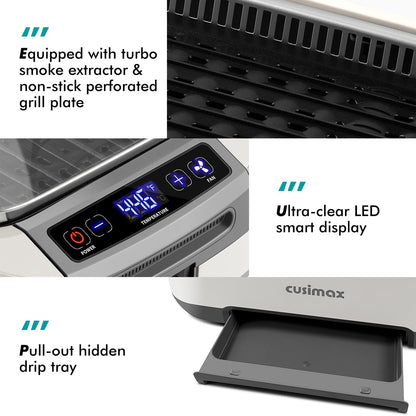 Smokeless Indoor Grill, CUSIMAX Electric Grill with Non-stick Removable Grill/Griddle Plate, 1500W Korean BBQ Grill with LED Smart Display & Tempered Glass Lid, Easy to Clean, Black