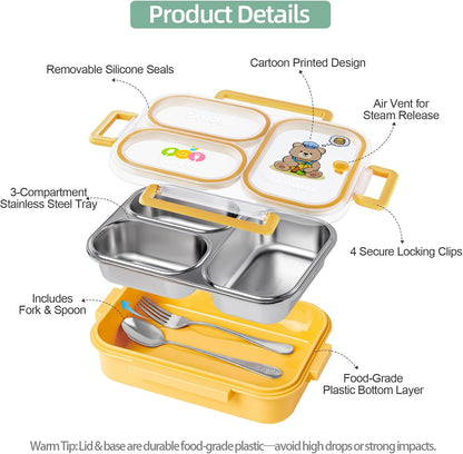 SAYAPE Stainless Steel Bento Lunch Box for Kids, 26.4 oz Leak-Proof 3-Compartment Metal Bento Box, BPA-Free, Cute Cartoon Meal Prep Snack Container with Utensils for School, Office, Travel - Beige