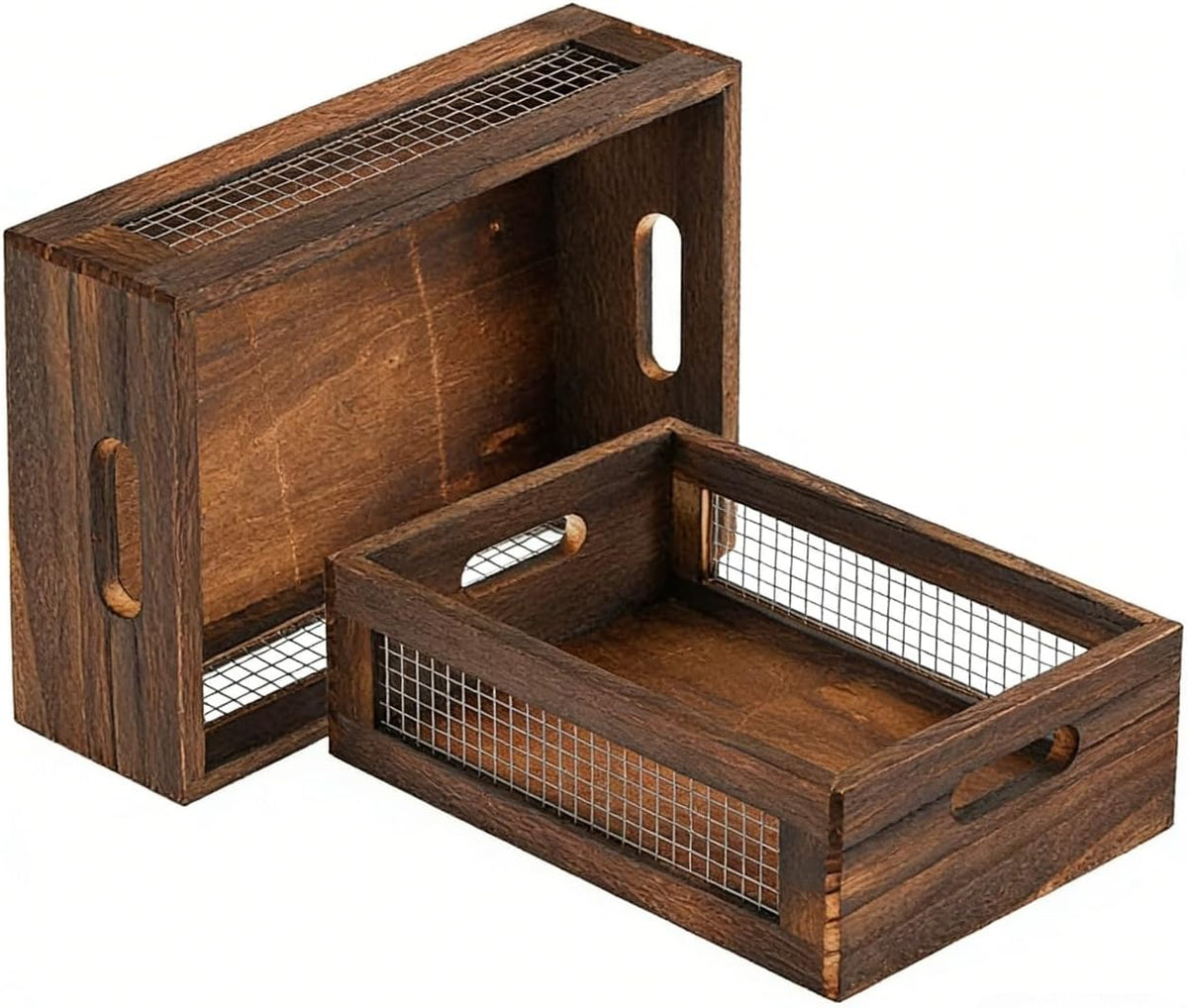 Wooden Crates Storage Boxes Rectangular Wood Craft Basket | 2 Pcs Unfinished Decorative Nesting Cases With Handles, Home Kitchen Desktop Organizer, Closet Plant Display Frames