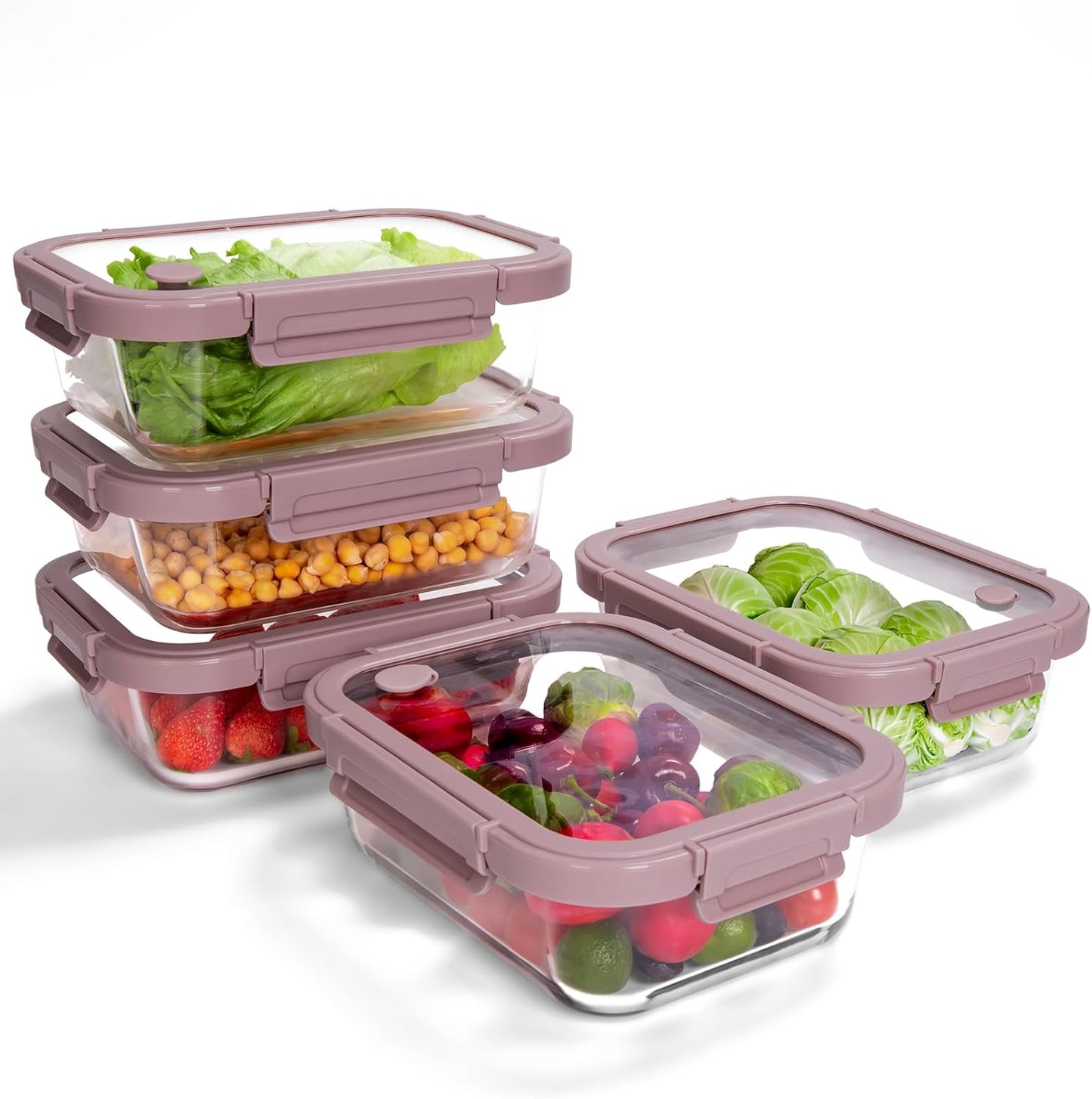 5-Pack Borosilicate Glass Containers with Tempered Lids, 35.2oz/4.4 Cup Airtight Meal Prep Set, Microwave/Freezer Safe (Gray)