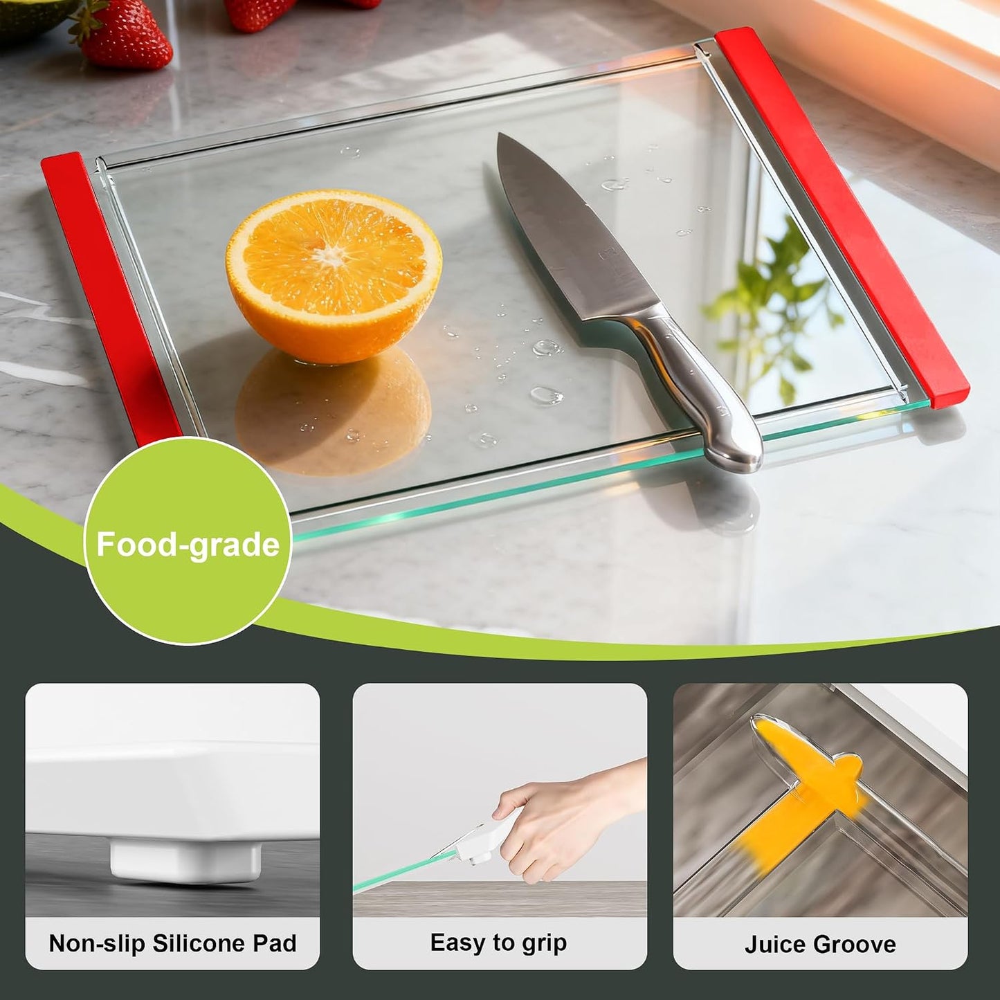 Tempered Glass Cutting Board Set for Kitchen Counter - Dishwasher Safe with Juice Grooves, Non-Slip Silicone Edges & Beveled Grip - 16"x12" & 12"x8" Serving Tray (Blue)