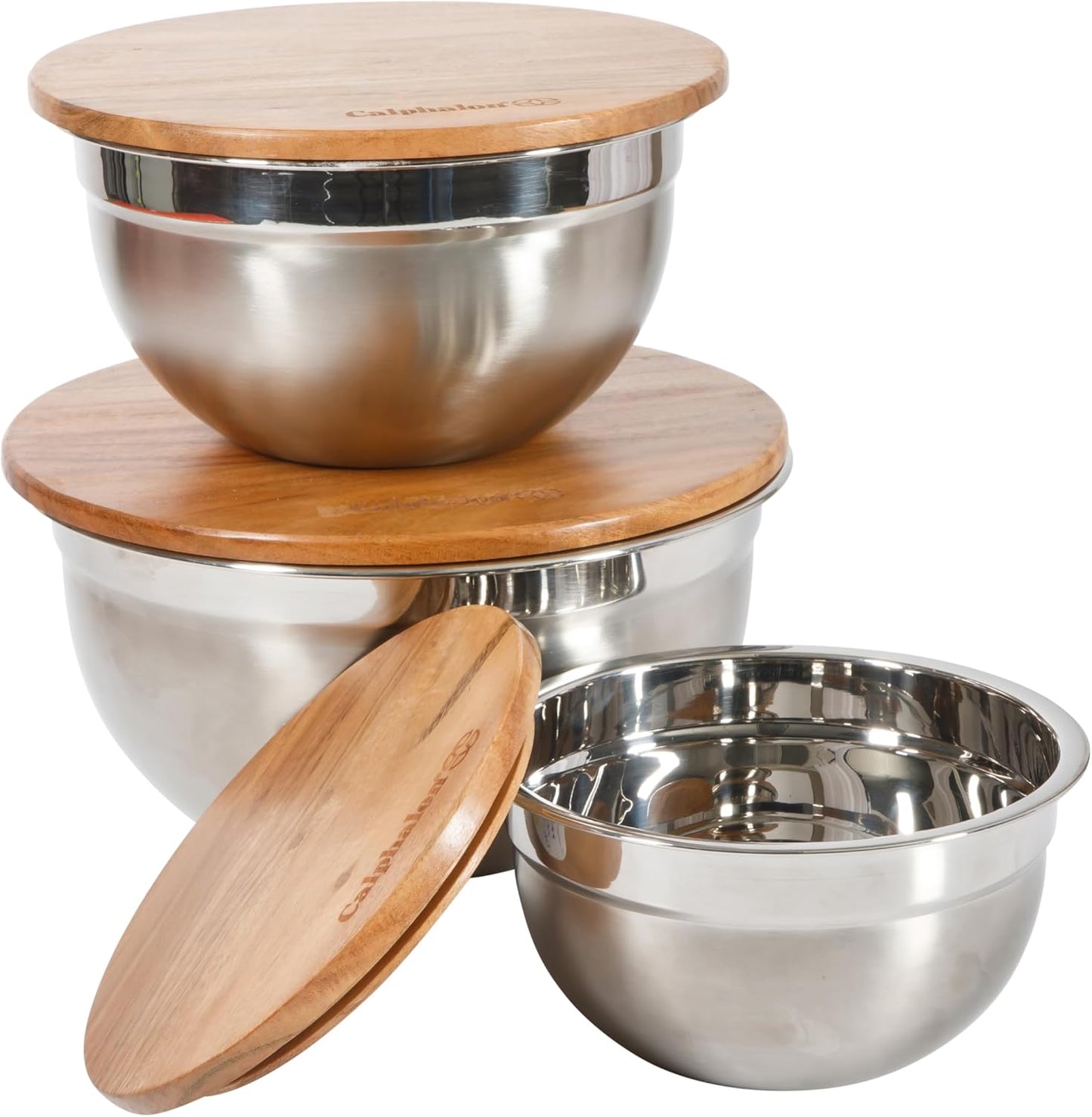 Calphalon Mixing Bowl Set, Stainless Steel Mixing Bowls With Lids, 3-Piece Stainless Steel Mixing Bowls with Glass Lids & Non-Slip Silicone Base, Prep and Storage Bowls Dishwasher Safe