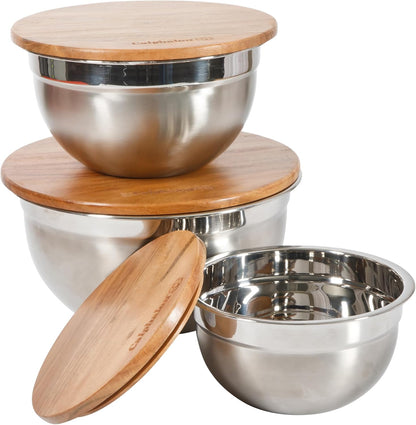 Calphalon Mixing Bowl Set, Stainless Steel Mixing Bowls With Lids, 3-Piece Stainless Steel Mixing Bowls with Glass Lids & Non-Slip Silicone Base, Prep and Storage Bowls Dishwasher Safe