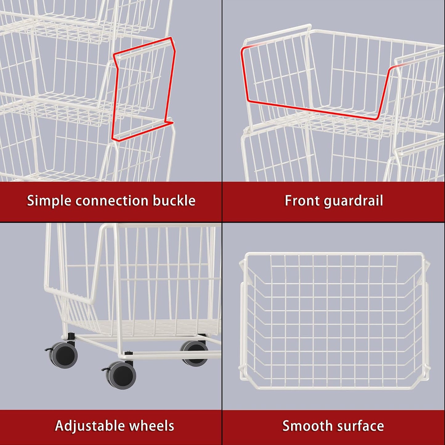 PUSDON 4-Tier Spacious Stackable Wire Storage Baskets with Wheels, Metal Rolling Utility Cart Organizer, Fruit and Vegetable Produce Basket for Kitchen Pantry, Everyday Bathroom Shelf, Silver Grey