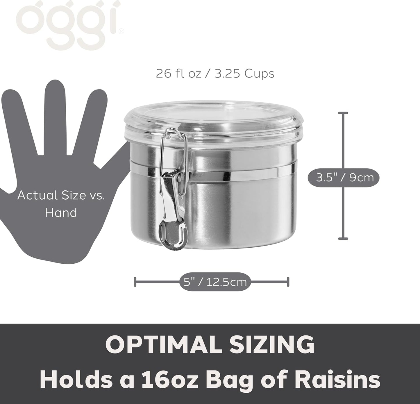 Oggi Stainless Steel Kitchen Canister 62 fl oz - Airtight Clamp Lid, Clear See-Thru Top - Ideal for Kitchen Storage, Food Storage, Pantry Storage. Large Size 5" x 7.5".