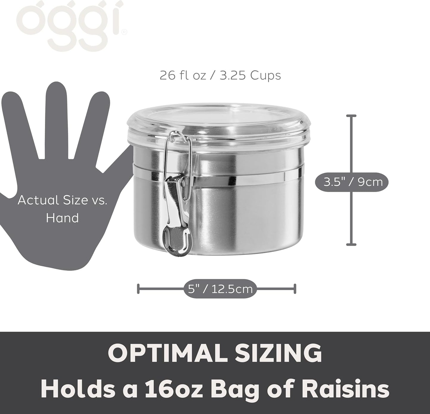 Oggi Stainless Steel Kitchen Canister 62 fl oz - Airtight Clamp Lid, Clear See-Thru Top - Ideal for Kitchen Storage, Food Storage, Pantry Storage. Large Size 5" x 7.5".