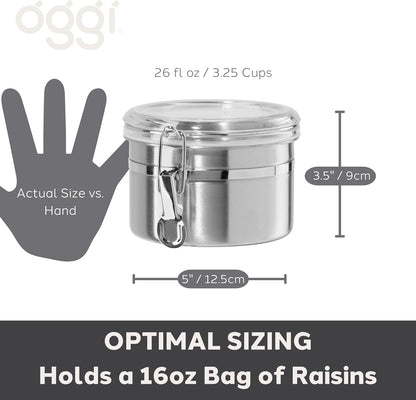 Oggi Stainless Steel Kitchen Canister 62 fl oz - Airtight Clamp Lid, Clear See-Thru Top - Ideal for Kitchen Storage, Food Storage, Pantry Storage. Large Size 5" x 7.5".