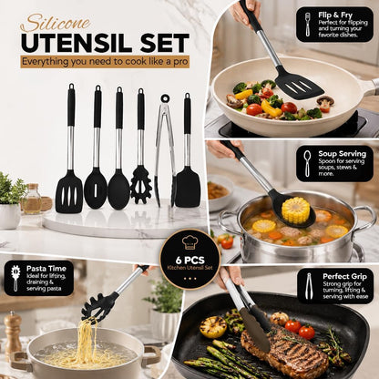 Silicone Cooking Utensils Set 6 PCS, Heat Resistant Non Stick Spatula Spoon Turner Kitchen Tools – BPA Free Non-Toxic Utensils for Nonstick Pots Pans, Baking Mixing Serving Accessories, Black