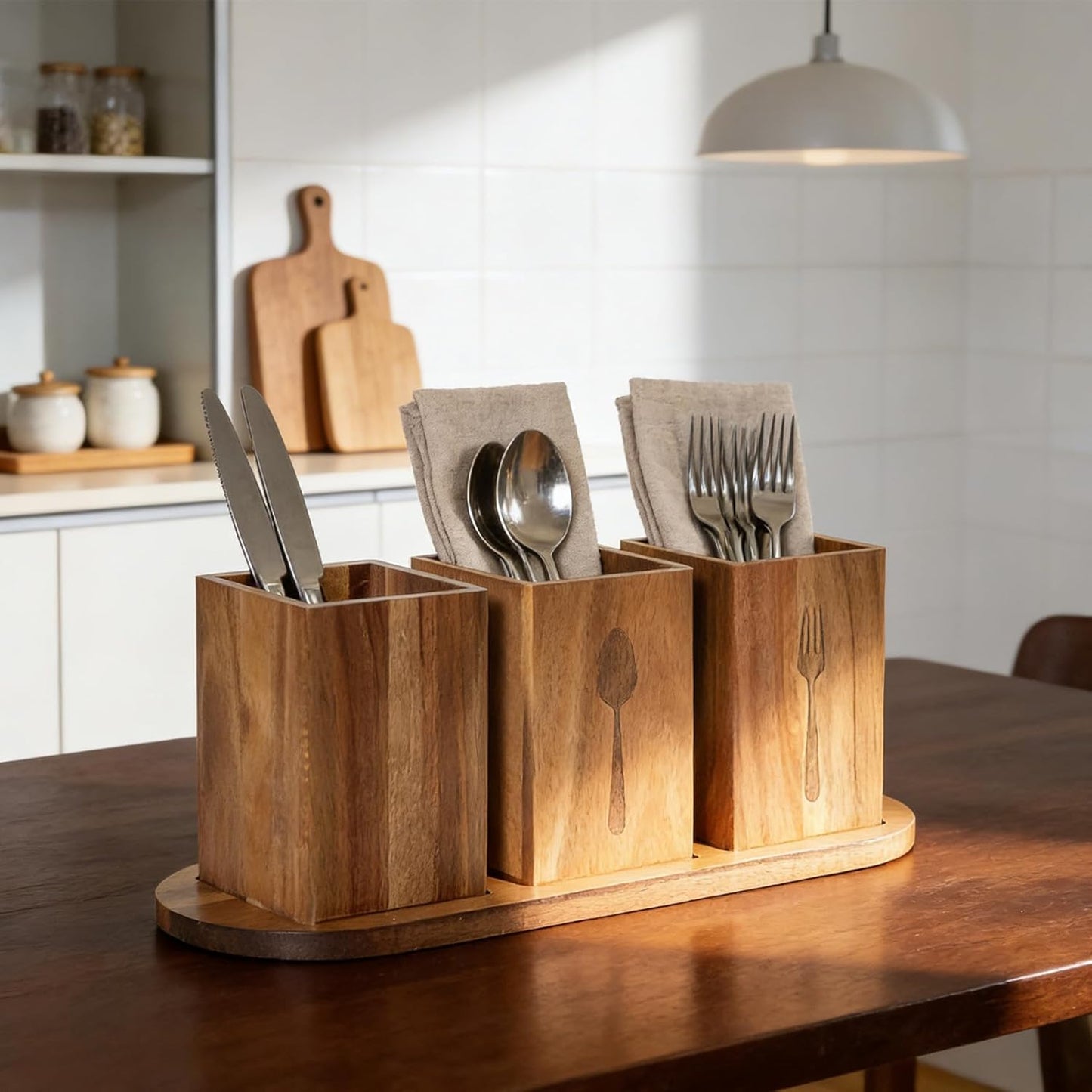 Takywep Acacia Wood Utensil Holder for Kitchen Countertop, Rustic Silverware Caddy Organizer Box, Cutlery Storage for Spoons Forks Knives, Holds Plates & Napkins, Farmhouse Kitchen Counter Organizer
