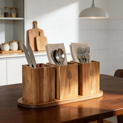 Takywep Acacia Wood Utensil Holder for Kitchen Countertop, Rustic Silverware Caddy Organizer Box, Cutlery Storage for Spoons Forks Knives, Holds Plates & Napkins, Farmhouse Kitchen Counter Organizer