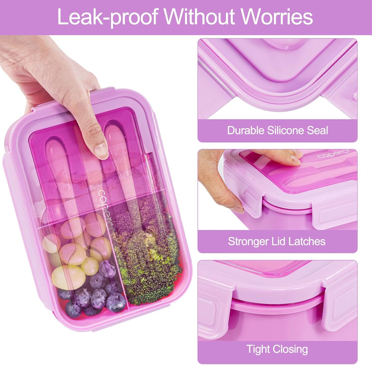 Caperci Classic Bento Box Adult Lunch Box for Older Kids - Leakpoof 47 oz 3-Compartment Lunch Containers for Adults and Teens, Built-in Utensil Set, Ideal for On-the-Go Balanced Eating,Khaki Green