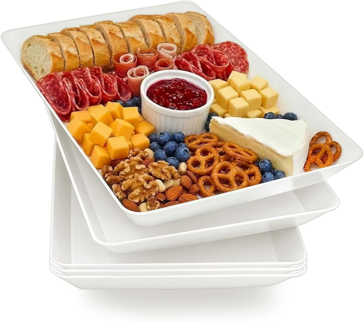 Serving Tray Platter, 4 Pack Food Tray for Veggie Fruit Snack Dessert Cookie Cheese, Food Trays for Party Supplies Display, Plastic Platters for Serving Food, Large White Trays, BPA Free