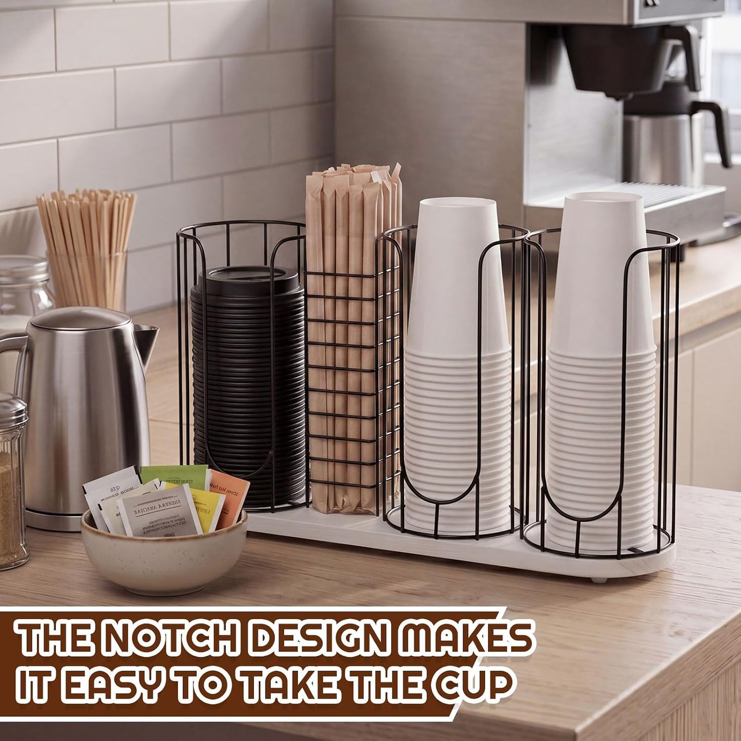 Geelin 18oz Adjustable Coffee Cup Dispenser with Wooden Base, Cup and Lid Holder, Cups Holder Organizer for Coffee Pod Straw and Lid Storage(2-compartment Single,Color 2)