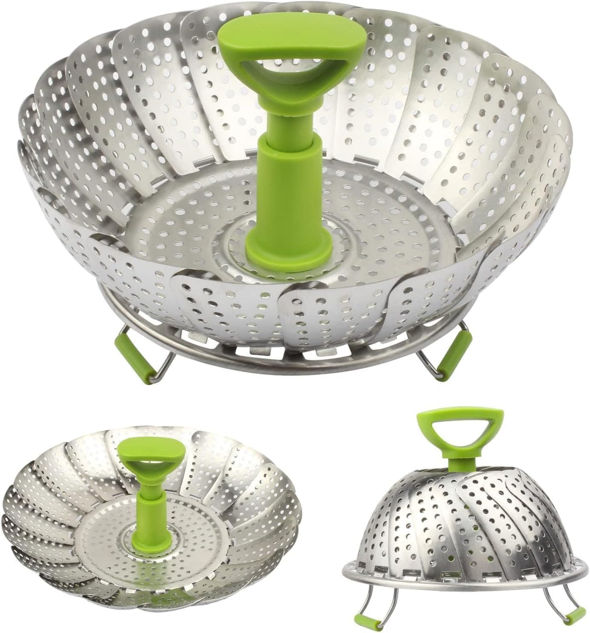 Folding Stainless Steel Steamer Basket (7-11 Inches) with Heat Resistant Handle - Ideal for Cooking Seafood, Vegetables, Fruits - Expandable and Easy to Clean - Dishwasher Safe