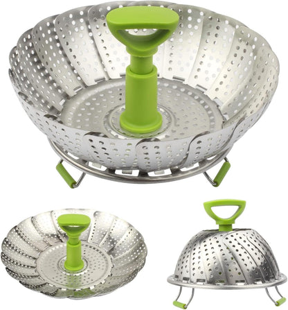 Folding Stainless Steel Steamer Basket (7-11 Inches) with Heat Resistant Handle - Ideal for Cooking Seafood, Vegetables, Fruits - Expandable and Easy to Clean - Dishwasher Safe