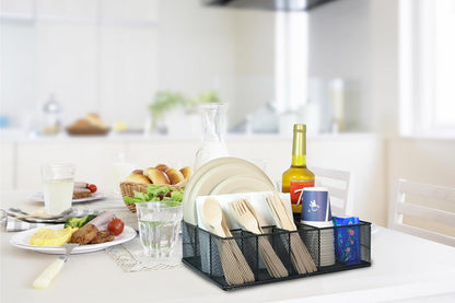 Metal Paper Plate Organizer & Utensil Holder for Countertop, Silverware Caddy Cutlery Flatware Organizer for Plastic Cup Forks Spoon Napkins, Paper Plate Holder for Picnic Camping Party